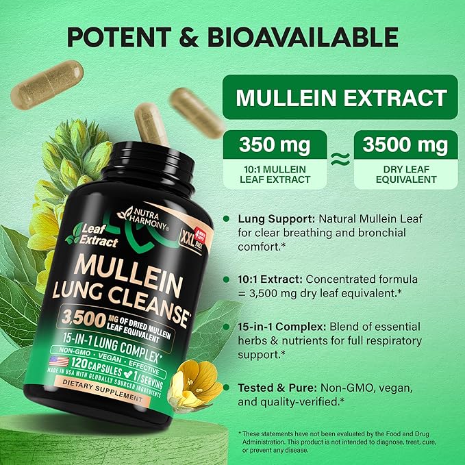 Mullein Leaf Extract for Lung Detox - Marshmallow Root | Echinacea | Oregano | Quercetin | NAC - 15-in-1 Lung Support &amp Cleanse for Smokers Supplement - Made in USA - As Drops Tincture - 120 Caps