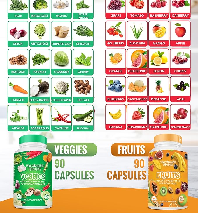 Fruit and Veggie Supplements-90 Fruits 90 Veggies Capsules to Boost Energy Level - Whole Food Fruits and Vegetable from Super Foods - Made in USA - Soy &amp Vegan Free (Pack of 2)…