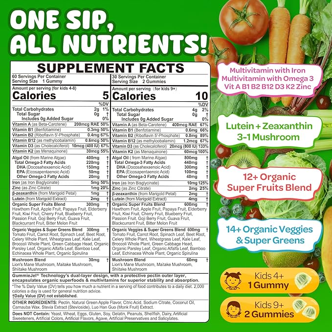 NEVISS Kids 4+ &amp Teens Super Greens 40-in-1 Gummies w/Multivitamin Omega3 Iron D3K2 Picky Eater Organic Super Fruits Veggies Superfood Gummy Mushroom Lutein | Immune Bone Brain Energy Sugar