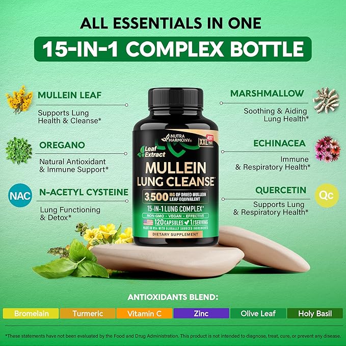 Mullein Leaf Extract for Lung Detox - Marshmallow Root | Echinacea | Oregano | Quercetin | NAC - 15-in-1 Lung Support &amp Cleanse for Smokers Supplement - Made in USA - As Drops Tincture - 120 Caps