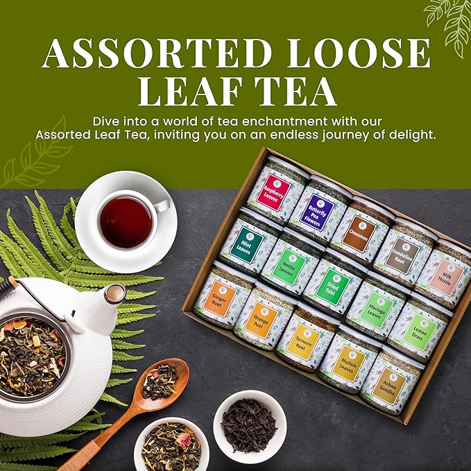 Assorted Loose Leaf Tea | 15 Delightful Herbs | Upto 900 Servings | 100% Raw &amp Natural | Add Health to your Soups Smoothies Teas and more | By Yogi's Gift®
