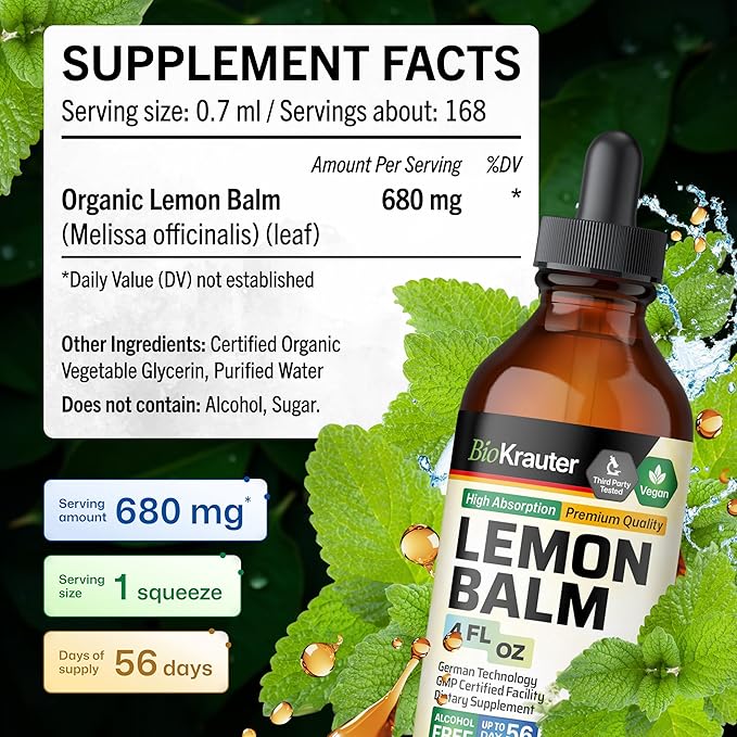 BIO KRAUTER® Lemon Balm Tincture 680 mg Melissa Officinalis - Pure Vegan Lemon Balm Extract 4 Fl.Oz 56 Days of Supply - Natural Calming &amp Sleep Support - Alcohol &amp Sugar Free - Digestion &amp