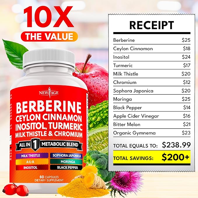 Berberine and Ceylon Cinnamon Supplement - Bitter Melon Glucomannan Gymnema Sylvestre Chromium Moringa Milk Thistle Turmeric Inositol Pills - 180 Count