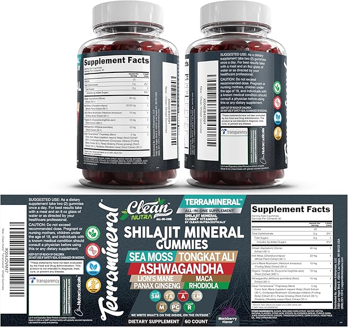 Terramineral Shilajit Gummies with Irish Sea Moss Tongkat Ali Ashwagandha Lion's Mane MACA Panax Ginseng Rhodiola &amp Cordyceps by Clean Nutra (1)