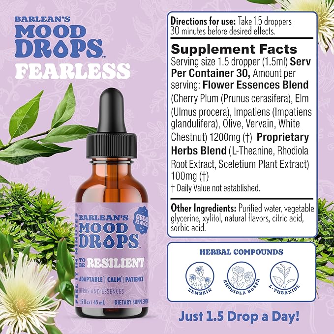 Barlean's Mood Booster Supplement Resilient L Theanine Liquid Drop Supplements for Men and Women Adaptogen Herbs Drops 1.5 oz