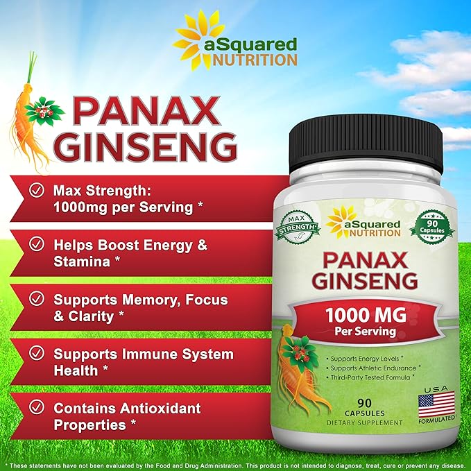 aSquared Nutrition Natural Korean Panax Ginseng (1000mg Max Strength)-90 Capsules Root Extract Complex (Red &amp White) High Dosage Ginsenosides in Seeds Asian Powder SupplementTablet Pills for En