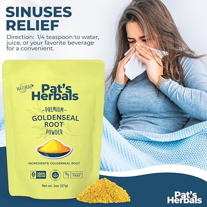 Pat's Herbals Goldenseal Root Powder - 2oz USA Grown Non-GMO | Pure Bright Yellow Root Powder