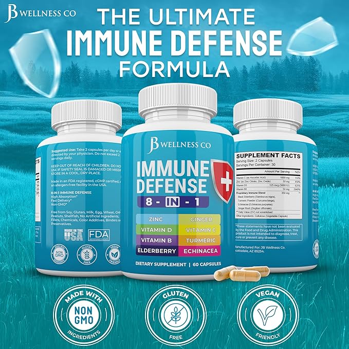 Immune Support 8 in 1 Capsules - Zinc Supplement Vitamin D3 Vitamin C and Elderberry - Immune Booster with Echinacea Ginger Root and Turmeric - [2-Pack]