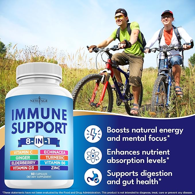 NEW AGE 8 in 1 Immune Support Booster Supplement with Echinacea Vitamin C and Zinc 50mg Vitamin D 5000 IU Turmeric Curcumin &amp Ginger B6 Elderberry 60 Count (Pack of 1)