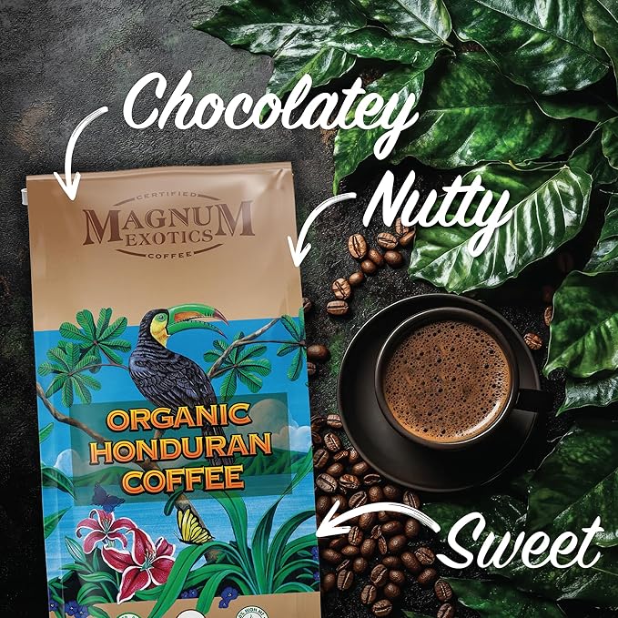 Magnum Exotics Organic Honduran Whole Bean Coffee - Dark Roast Coffee Beans Caffeinated Roasted Bulk Brew Rich &amp Smooth Flavor Fresh Roast - 32 oz (2 lb) Bag