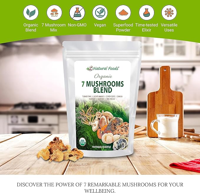 Z Natural Foods Organic 7 Sacred Mushrooms Blend - Lion’s Mane Cordyceps Chaga Red Reishi Shiitake Maitake - Organic Mushroom Powder for Coffee Smoothies 1 lb