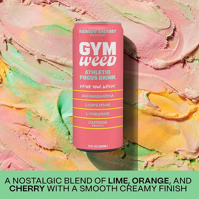 GYM WEED Athletic Focus Drink with KSM-66 Ashwagandha Lion's Mane Mushroom L-Theanine 200mg Green Tea Caffeine with Natural Sweeteners Rainbow Sherbet Flavor 12 Pack