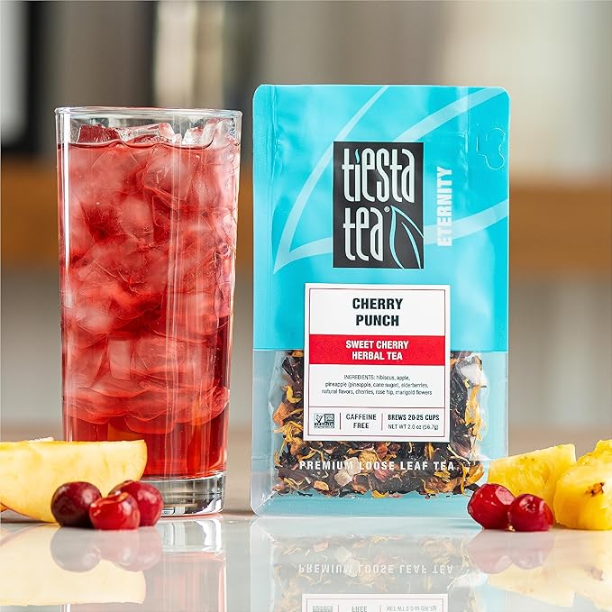 Tiesta Tea - Cherry Punch Herbal Tea and Brewbasket Infuser Bundle Sweet Cherry Herbal Tea Non-Caffeinated 2oz Refillable Pouch with 5oz Reusable Stainless Steel Strainer