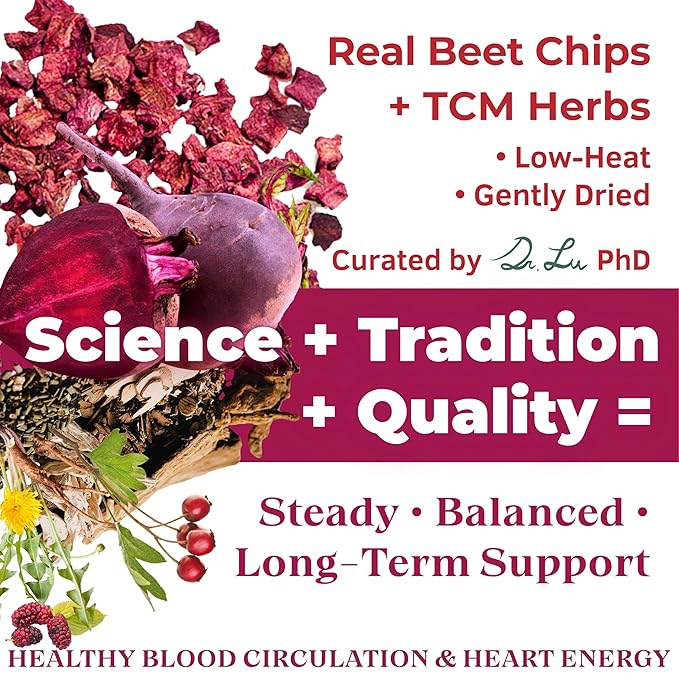 Dr. Lu’s Happy Blood Pressure Tea | 100% Natural Heart Functional Tea for Blood Pressure Support | Beetroot Hawthorn Berry Mulberry Leaf Dandelion 10 Super Herbs in Corn Fiber Pyramid Bags