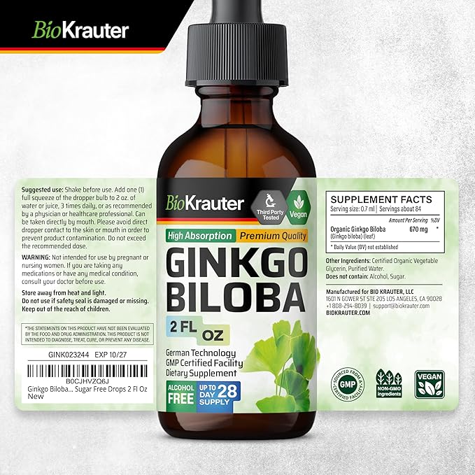 BIO KRAUTER® Ginkgo Biloba for Brain Support - Pure Vegan Ginkgo Biloba Supplement 670 mg - Supports Calm Focus &amp Memory - Alcohol &amp Sugar Free 2 Fl.Oz 28-Day Supply Liquid Drops for Brain