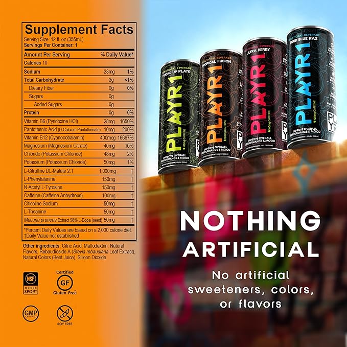PLAYR1 Functional Beverage Caffeinated Variety 24 Pack