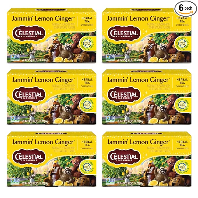 Celestial Seasonings Jammin' Lemon Ginger Herbal Tea Caffeine Free 20 Tea Bags Box (Pack of 6)