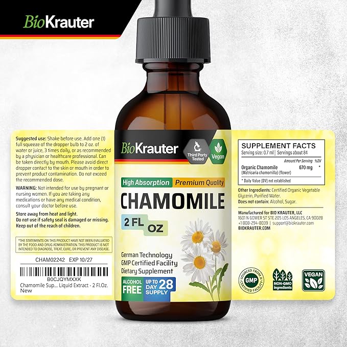 BIO KRAUTER® Chamomile Extract - Liquid Drops Pure Vegan Chamomile Supplement 670 mg per Serving 2 Fl.Oz 28-Day Supply - Used for Calm &amp Relax - Alcohol &amp Sugar Free - Natural Calm &amp Sleep