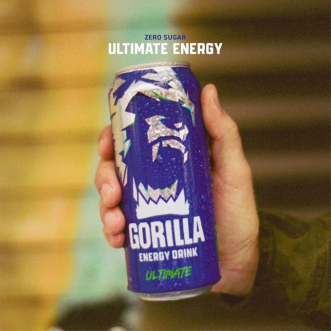 Gorilla Energy Original Energy Drink Zero Sugar &amp 200mg Natural Caffeine L-Theanine Taurine Ginseng Acetyl L-Carnitine B Vitamins Sugar Free and No Artificial Colors 16 oz Cans 12 Pack