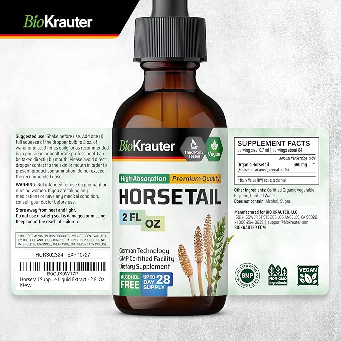 BIO KRAUTER® Horsetail Supplement for Hair Skin &amp Nails - Vegan &amp Pure Horsetail Herb Liquid Drops 660 mg per Serving 2 Fl.Oz. - Silica Hair Supplement - Alcohol &amp Sugar Free - 28 Days of