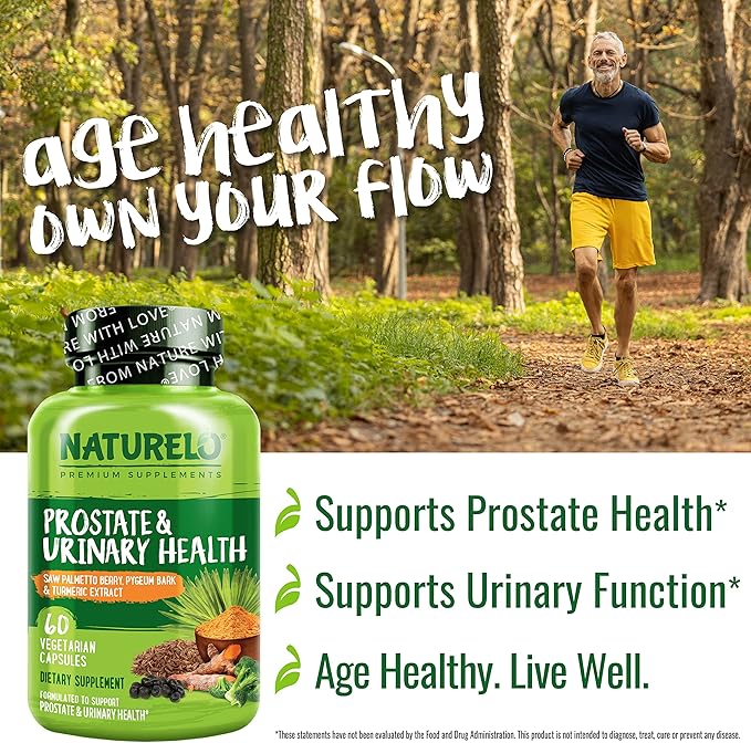 NATURELO Prostate &amp Urinary Health Comprehensive Formula with Saw Palmetto Pygeum Tumeric Plant Sterols Broccoli and Lycopene 60 Vegetarian Capsules