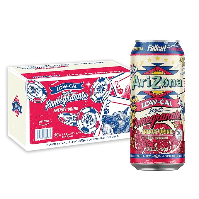 AriZona x Fallout Low Calorie Pomegranate Green Tea Energy Drink 15 fl oz (Pack of 12) - 190mg Caffeine per Can