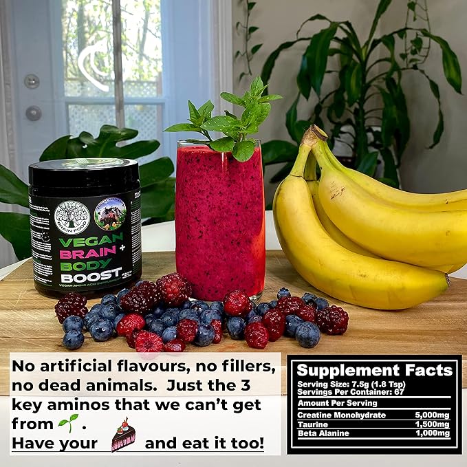 Vegan Brain &amp Body Boost: The Cherry On Top of A Plant-Based Lifestyle | Working Intelligence | Anti-Aging | Physical Fitness | Vegan Amino Acids - Creatine Taurine &amp Beta Alanine | 67 Servin