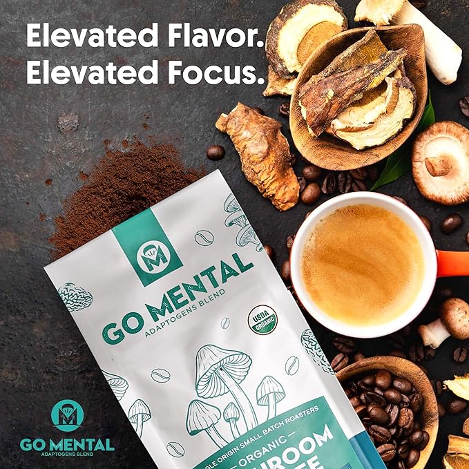 Organic Lion's Mane &amp Chaga Mushroom Coffee Ground Dark Roast Full Fruiting Bodies For Enhanced Brain Function Immune Support Wellbeing Grade 1 Single Origin 12oz - Ground