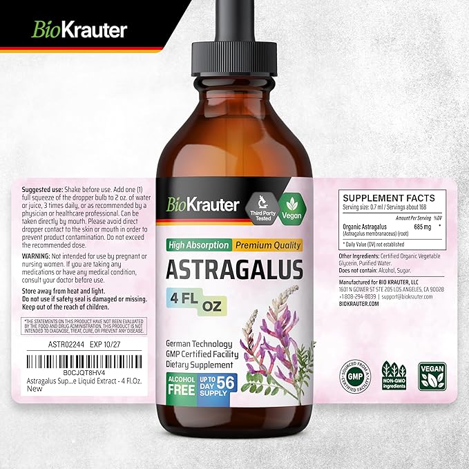 BIO KRAUTER® Astragalus for Immune Support - Vegan Astragalus Root Herbal Supplements 685 mg for Daily Wellness - Liquid Extract 4 Fl.Oz. 56 Days of Supply Alcohol &amp Sugar Free