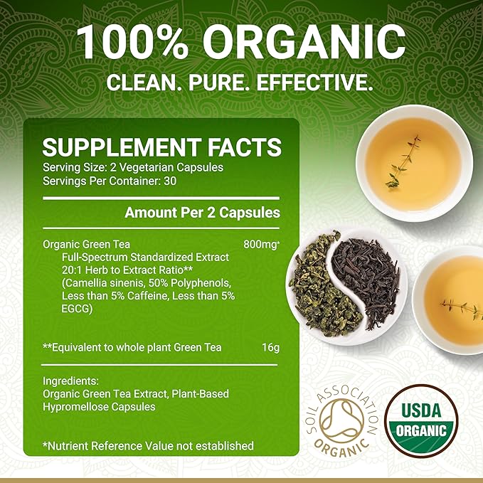 True Veda USDA Organic Green Tea Extract Capsules with EGCG | Premium Plant-Based Green Tea Pills | EGCG Supplements | Low Caffeine | 60 Vegan Capsules