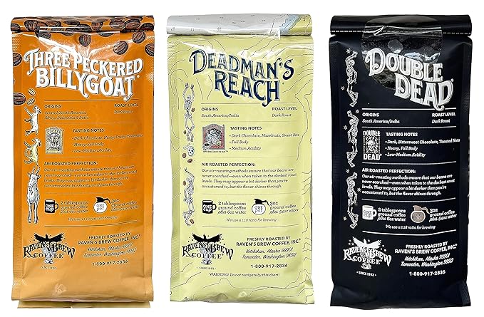 Raven's Brew Whole Bean Variety Pack - 3 Delicious Flavors - Three Peckered Billy Goat Deadman's Reach and Double Dead - 12oz each