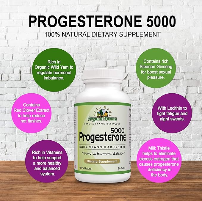 Organic Farm Vitamins Progesterone 5000 - Body glandular System Dietary Supplement 100% Natural Progesterone Pills - Formula to Balance Hormones - progesterone Supplement 90 Tablets