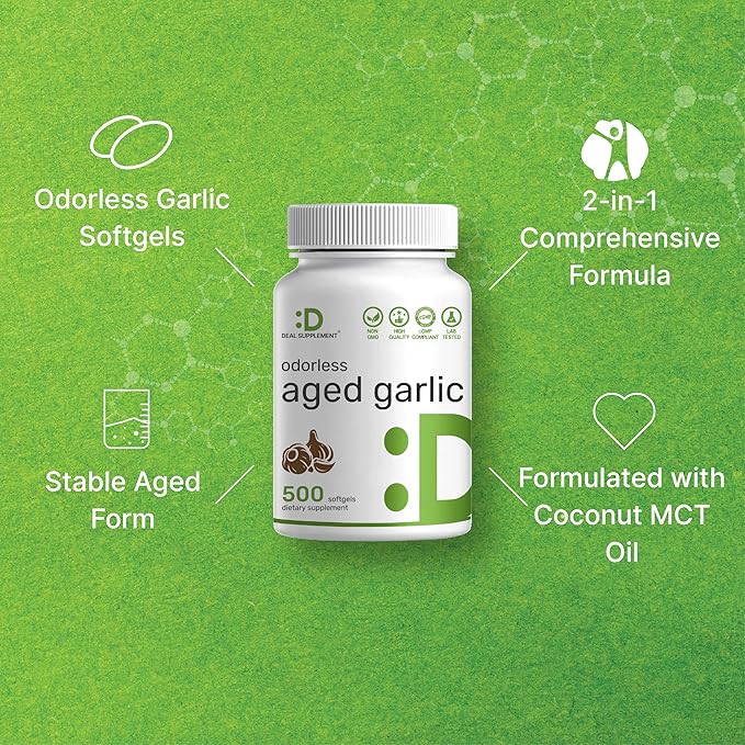 Odorless Aged Garlic 500 Softgels – Enhanced with MCT Oil - Fresh Allium Sativum Bulb Source – 2-Years Aged Garlic Extract – Non-GMO cGMP Manufactured