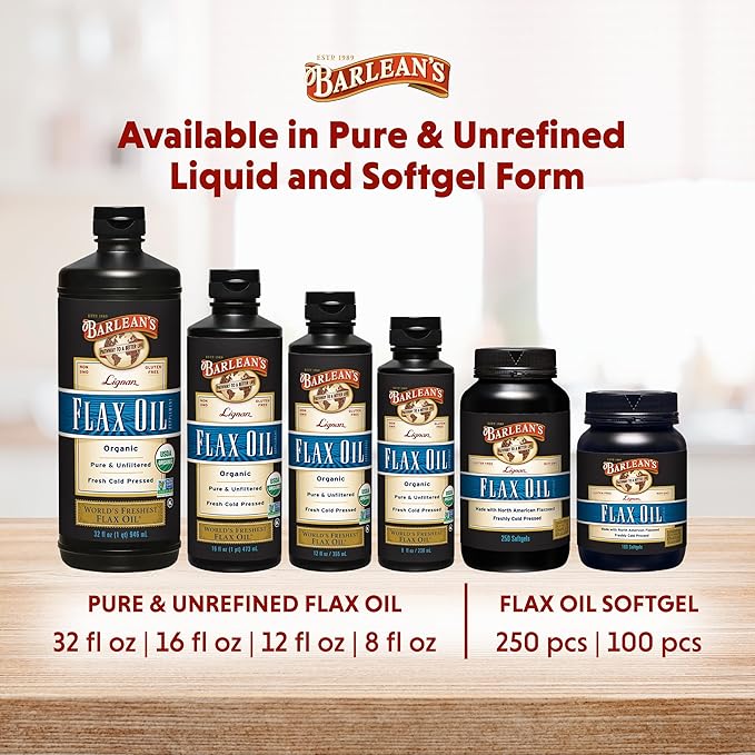 Barlean's Organic Lignan Omega 3 Flaxseed Oil Liquid Supplement for Men and Women Cold Press Flax Seeds 7230mg ALA Fatty Acid Vegan and Gluten Free 32 oz