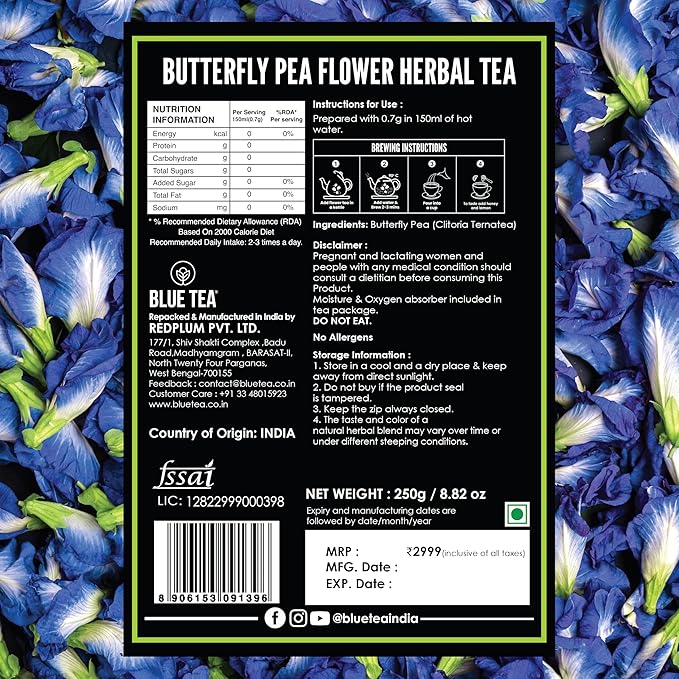 BLUE TEA - Butterfly Pea Flower Tea - 8.82 Oz (600+ Cups) Loose | Antioxidant Rich | Flower Based - Herbal Tea - Caffeine Free - Non-GMO - No Preservatives - Detox | Zipper Pack