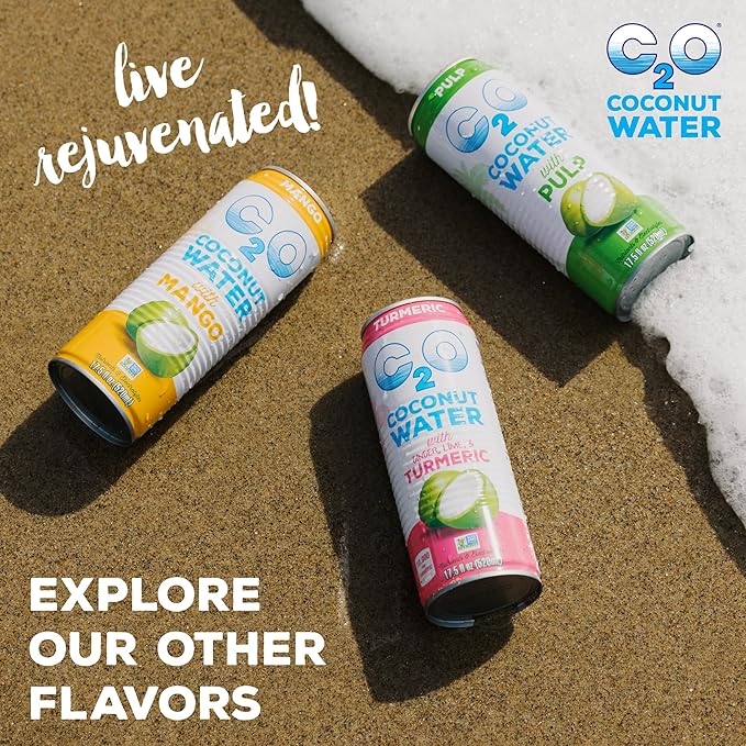 C2O - Coconut Water with Pulp (12 Pack) - Made with Fresh Coconut Water - Plant Based - Non GMO - Canned Water - Natural Hydration Essential Electrolytes &amp Potassium - 12 Cans 17.5 FL OZ