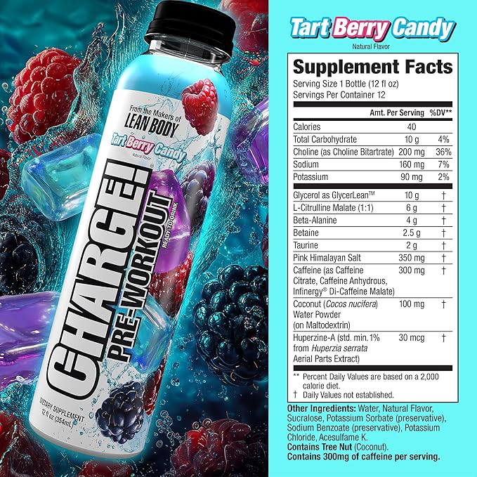 LABRADA Charge Pre Workout Tart Berry Candy RTD Drink – Pump Energy Endurance Formula with 10g Glycerol 6g L-Citrulline Malate 4g Beta Alanine 300mg Caffeine + Complete Hydration Support 12 Ser