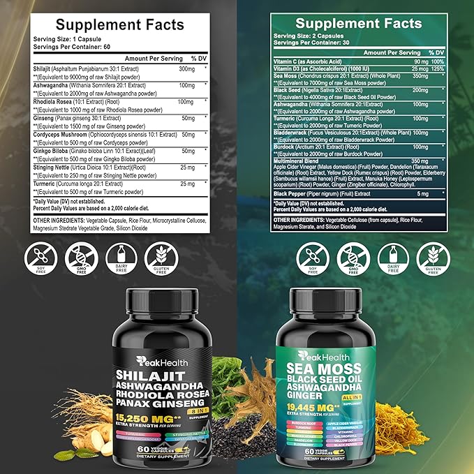 Shilajit Sea Moss Black Seed Oil Ashwagandha Capsules for Man Woman2 Bottle Combo with Turmeric Panax Ginseng Rhodiola19445mg Herbal FormulaEnergy &amp Immune Support 60 Capsules