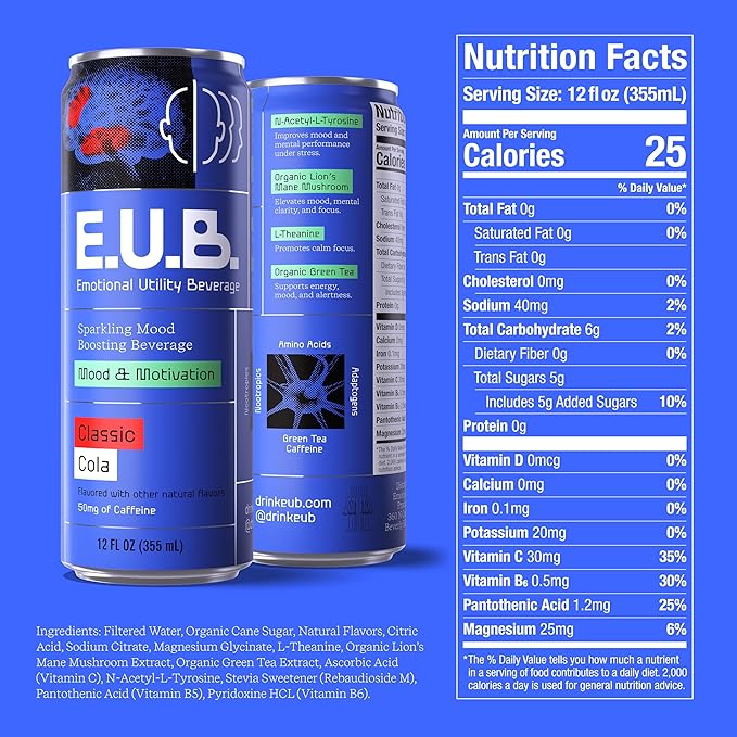 E.U.B. Classic Cola Sparkling Functional Beverage 12oz Can 50mg Caffeine 25 Calories with Nootropics &amp Adaptogens for Mood &amp Energy Support