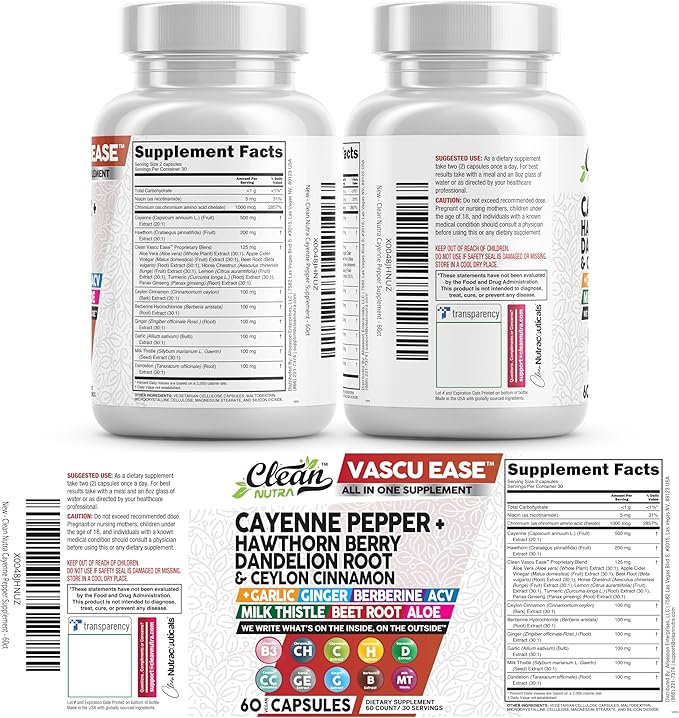 Clean Nutra Cayenne Pepper Capsules Supplement with Hawthorn Berry Dandelion Root Ceylon Cinnamon Garlic Ginger Berberine Apple Cider Vinegar Milk Thistle Beet Root Aloe Vera Pills &amp More