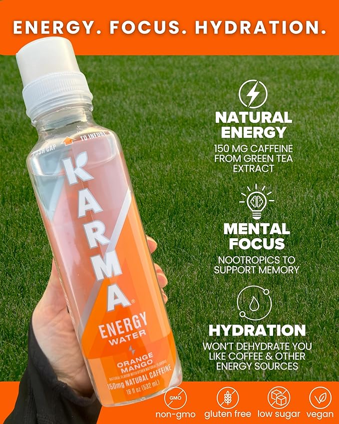 Karma Energy Drink – 12 Pack Orange Mango Caffeinated Water with Cognizin® Nootropics Vitamins &amp Immune Support Low Calorie