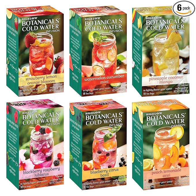 Bigelow Botanicals Cold Water Infusion Herbal Variety Pack Caffeine Free Tea with Cranberry Watermelon Blackberry Strawberry Peach &amp Blueberry Flavor 18 Count Box (Pack of 6) 108 Total Tea