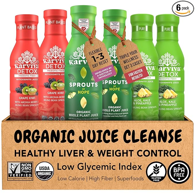 Karviva Organic Juice Cleanse for Sugar Detox &amp Weight Control - Ancient Eastern Remedies for Healthy Digestion &amp Gentle Detox with Sprouts Aloe Vera - Prebiotic Fiber Electrolytes &amp Ant