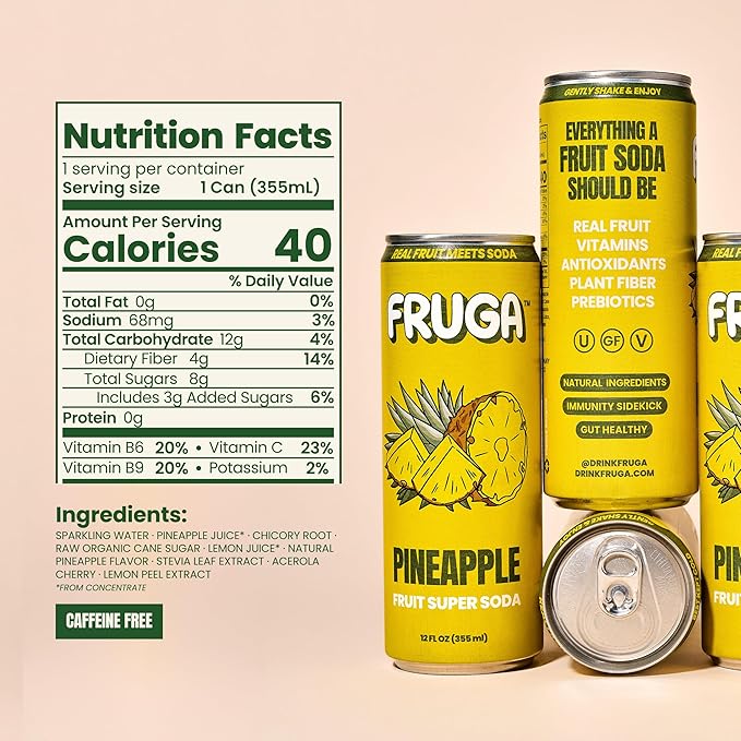 FRUGA Pineapple Sparkling Fruit Super Soda Prebiotic Soda Low Calorie Healthy Soda Benefits and Vitamin Boost 12 Fl Oz (Pack of 12)