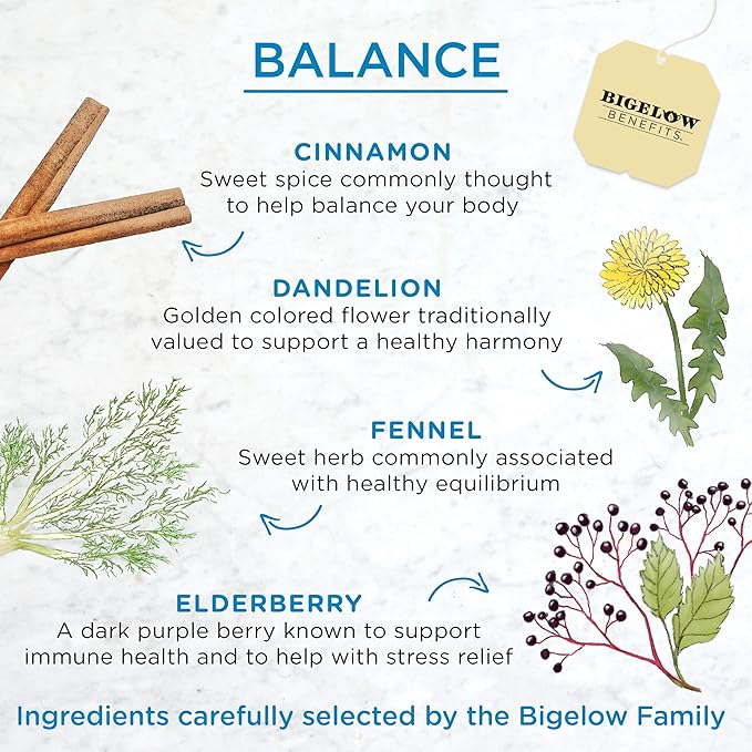 Bigelow Benefits Balance Cinnamon and Blackberry Herbal Tea Caffeine Free 18 Count (Pack of 6) 108 Total Tea Bags