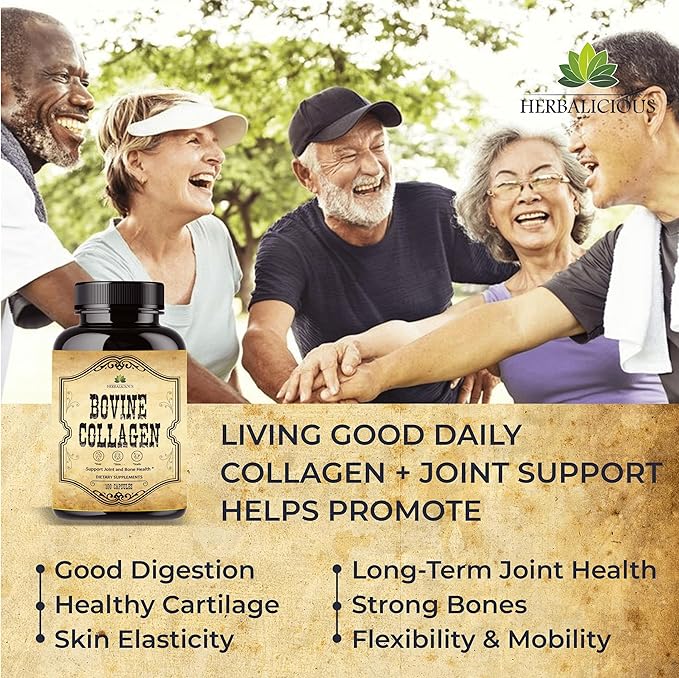 HERBALICIOUS Bovine Collagen Supplements for Men and Women | Hydrolyzed Grass-Fed Bovine Collagen Peptides | Joint Nerve &amp Bone Support | Non-GMO Anti-Aging | 100 Capsules
