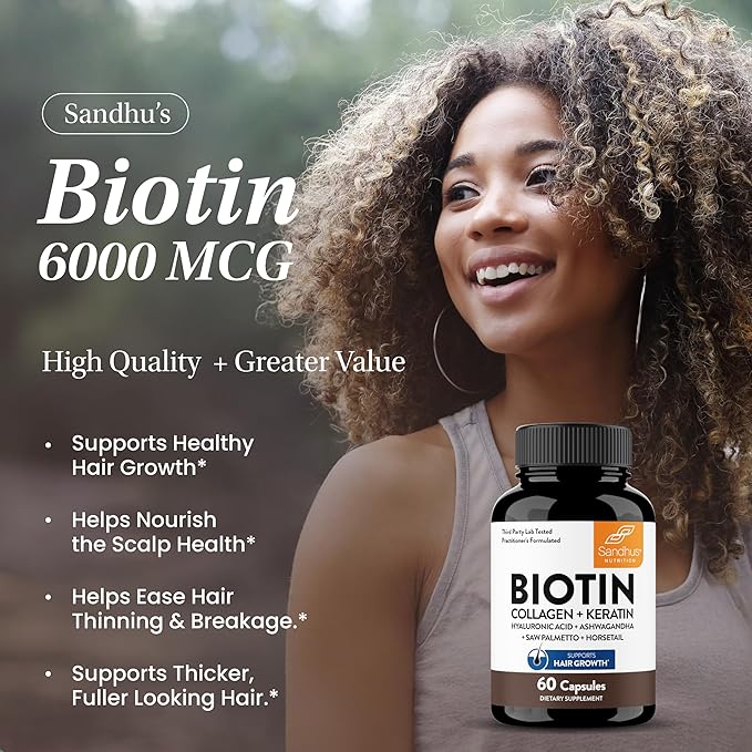 Sandhu's Hair Vitamin with Biotin Collagen Keratin Ashwagandha | Supports Hair Health | for Men &amp Women | 60 Capsules