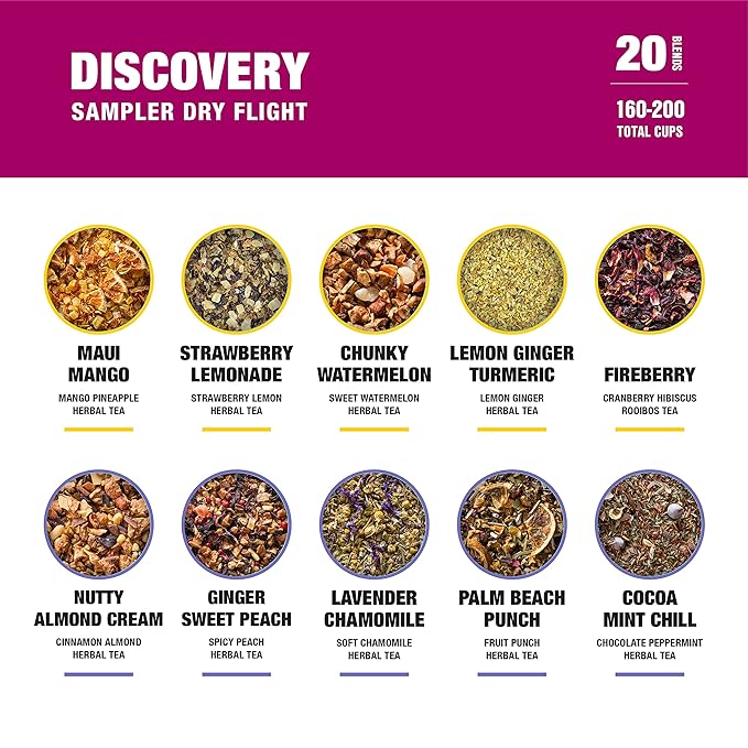 Tiesta Tea - Discovery Sampler Dry Flight Set Loose Leaf High to No Caffeine Hot &amp Iced Up to 200 Cups Tea Variety Pack with Green Herbal Black &amp Chai Brew 20 Resealable Sample Pouches