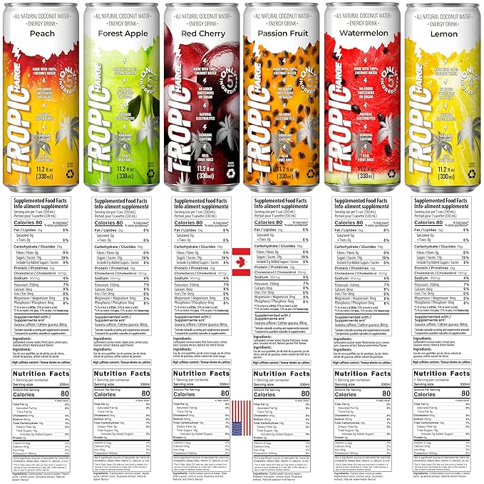 Tropicharge 100% Coconut Water Energy Drink with Guarana Extract (24 pack 330ml/6 flavours) - Zero Sweeteners or Added Sugar - All Natural - Passion Fruit Forest Apple Red Cherry Lemon Peach Wate