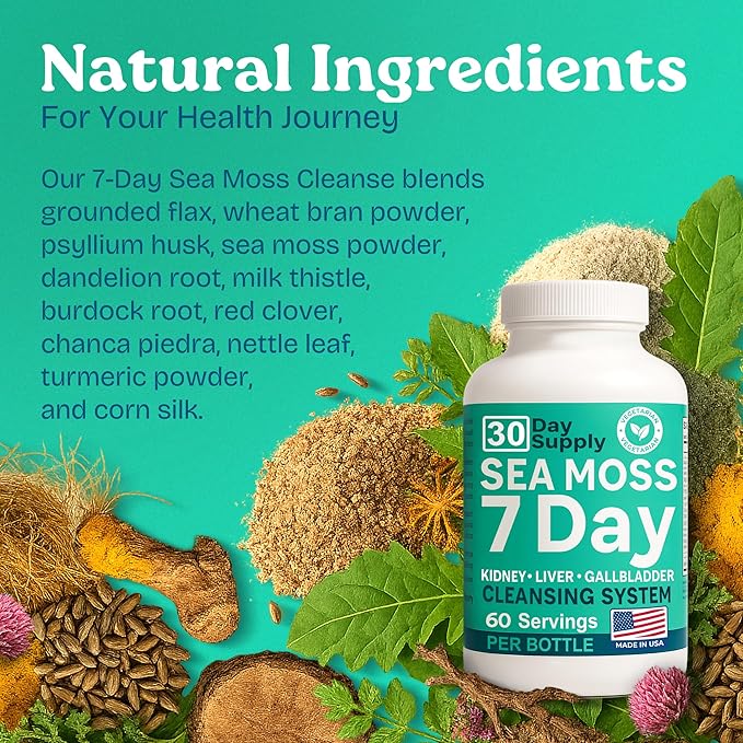 Atlantic Naturals Sea Moss Capsules – 7 Day Herbal Blend for Liver &amp Gallbladder Wellness – with Dandelion Root Milk Thistle Burdock Root Red Clover &amp Chanca Piedra – 180 Count Sea Moss Cap